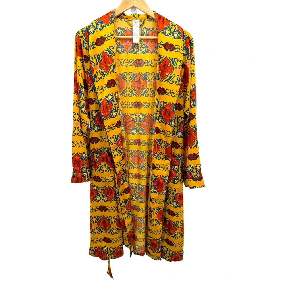 Movement of the People Yellow Heraldic Print Robe Duster XS/S Belted Pockets